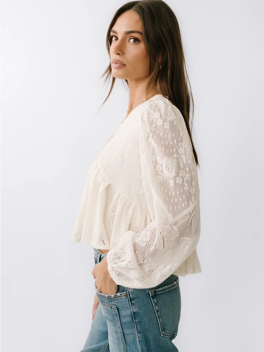 Aaron & Amber Lace Tie-Front Peasant Blouse Size L NWT - Picture 2 of 4